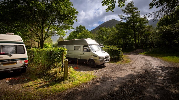 A campervan with electrical hook-up at Wasdale Campsite, Cumbria